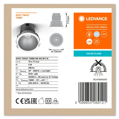 LED SPOT RECESS TWIST PRO 70mm 5W 4000K White Silver
