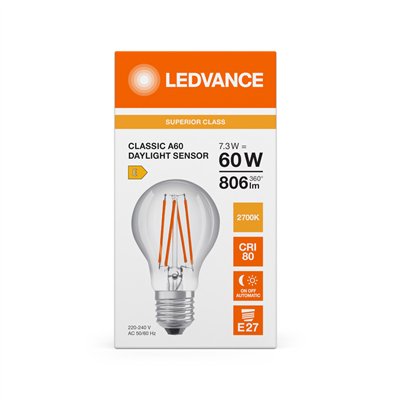 LED CLASSIC A DAYLIGHT SENSOR S 7.3W 827 Clear E27