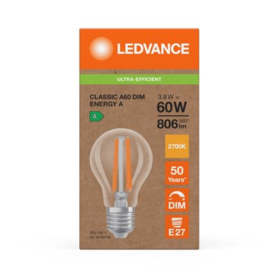 LED CLASSIC A ENERGY EFFICIENCY A DIM S 3.8W 827 Clear  E27