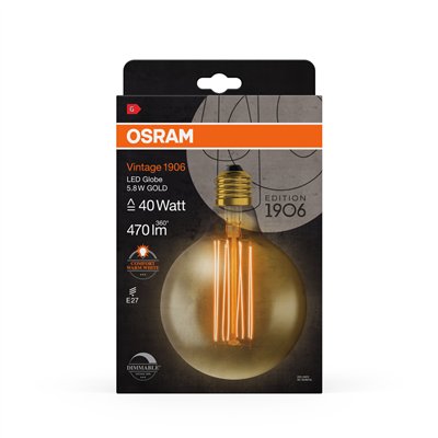 Vintage 1906 LED CLASSIC SLIM FILAMENT Globe DIMMABLE 5.8W 822 Gold E27