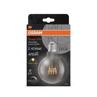Vintage 1906 LED CLASSIC SLIM FILAMENT Globe DIMMABLE 4.8W 827 Clear E27