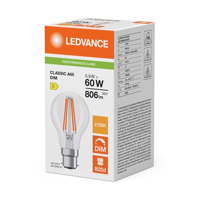 LED CLASSIC A DIM P 5.9W 827 Clear B22d