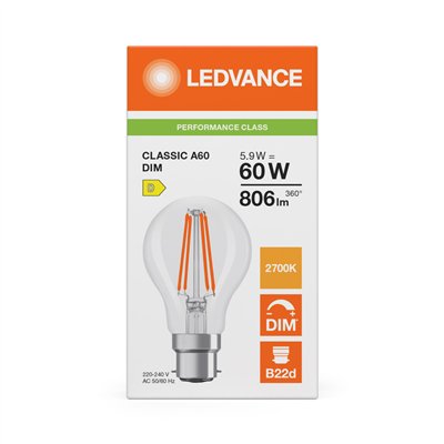 LED CLASSIC A DIM P 5.9W 827 Clear B22d
