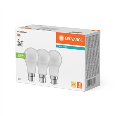 LED CLASSIC A V 8W 830 Frosted B22D Triple Pack
