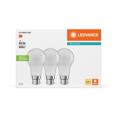 LED CLASSIC A V 8W 830 Frosted B22D Triple Pack