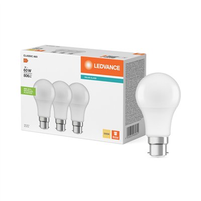LED CLASSIC A V 8W 830 Frosted B22D Triple Pack