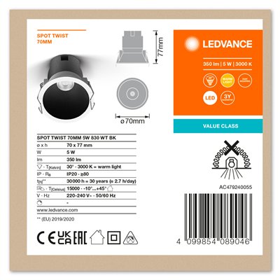 LED SPOT RECESS TWIST PRO 70mm 5W 3000K White Black