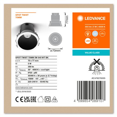 LED SPOT RECESS TWIST PRO 70mm 5W 4000K White Black