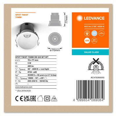 LED SPOT RECESS TWIST PRO 70mm 5W 4000K White White